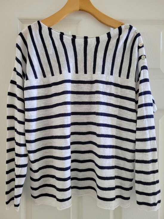 Eileen Fisher Sweaters - Eileen fisher Breton Blue Stripe Organic Linen Cotton knit Sweater size Medium